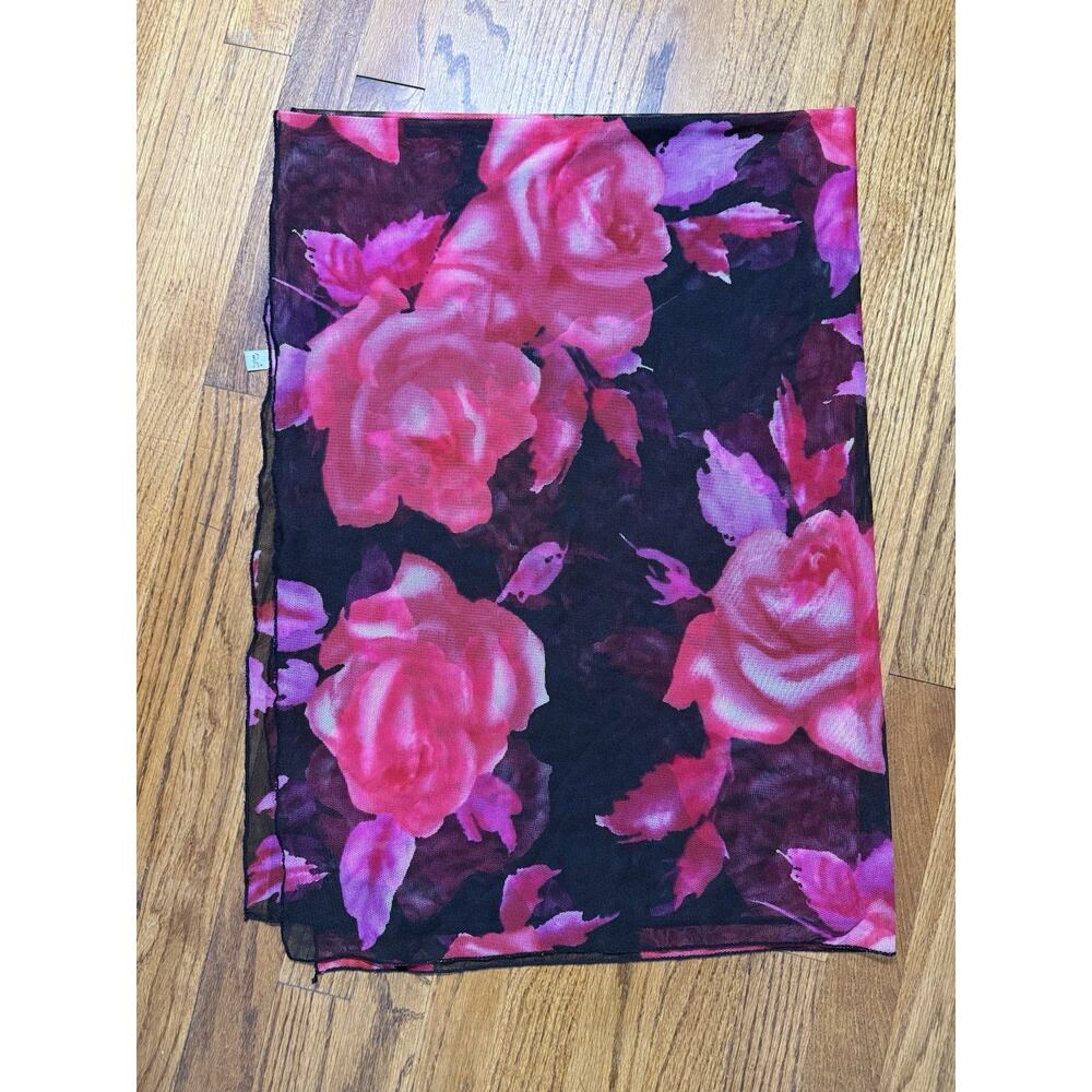 Roberta di Camerino Italy Mesh Scarf Floral Rose Pink Black 53.5" x 36.5"